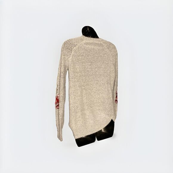 Cloud Chaser Sweater Small Fuzzy Gray Crew Neck Pink Floral Embroidery On Arms - Picture 2 of 7